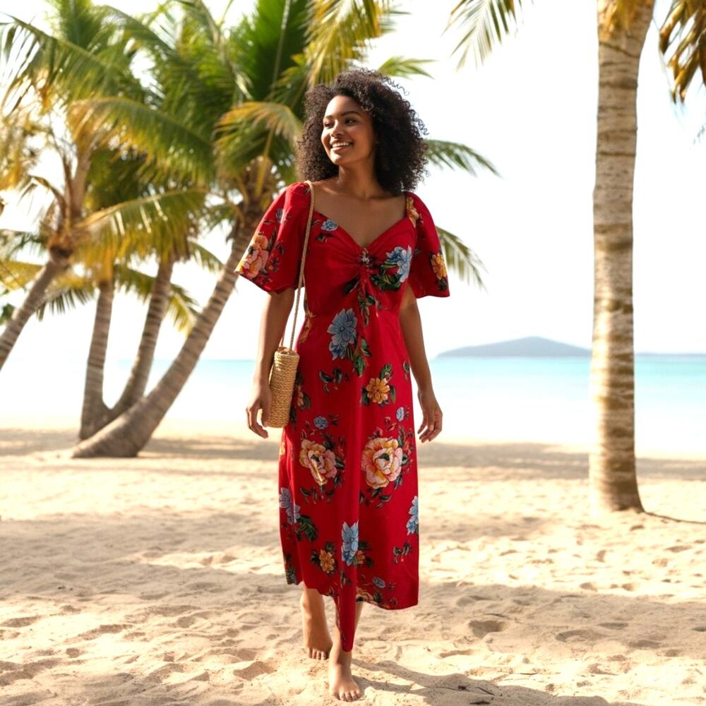 NAOO Red Floral Women's sweetheart maxi dress, size M